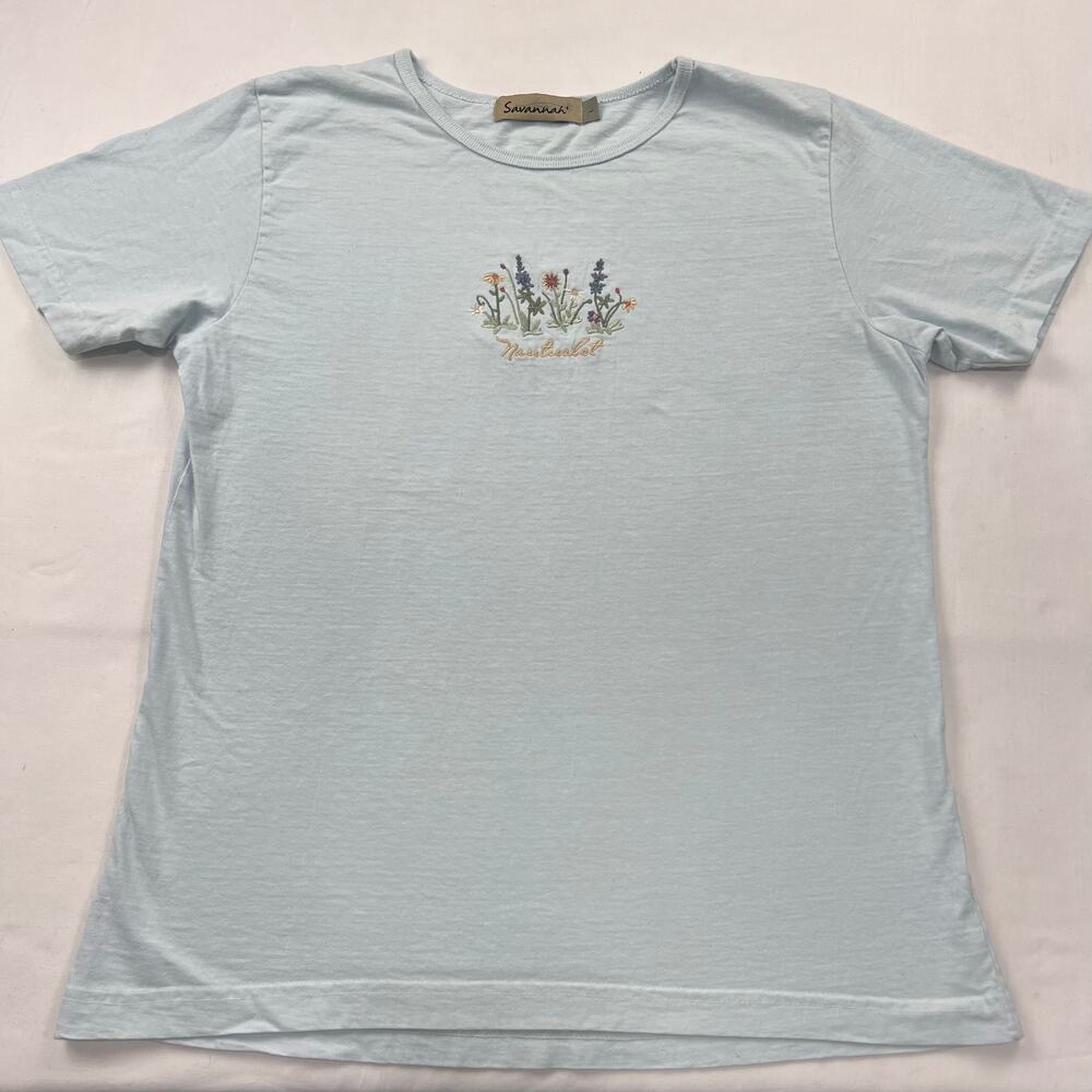Savannah Nantucket Vintage T-shirt Women's size Large Embroidered Flower Blue